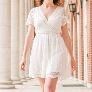 Everly Ivory Lace Fit & Flare Dress Size M Sheer Floral V-Neck